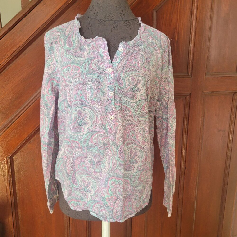 Talbots Petite Pastel Paisley Long Sleeve Button Blouse Womens LP Cotton